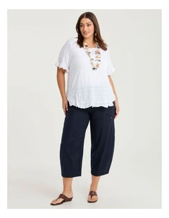 Stretch Linen Lantern Crop Pant Dark Indigo