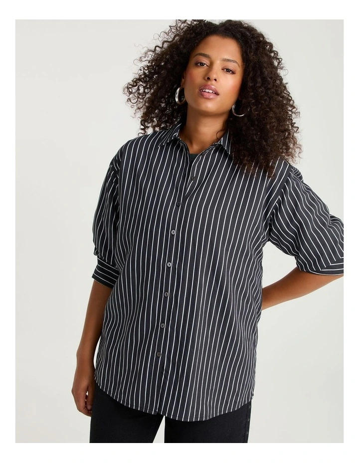 Cotton Blend Modern Stripe Shirt Black/off White image 1