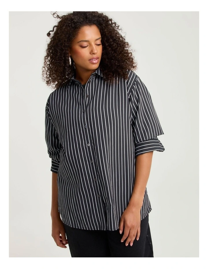 Cotton Blend Modern Stripe Shirt Black/off White image 3