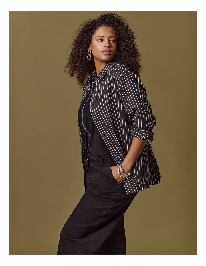 Cotton Blend Modern Stripe Shirt Black/off White image 5