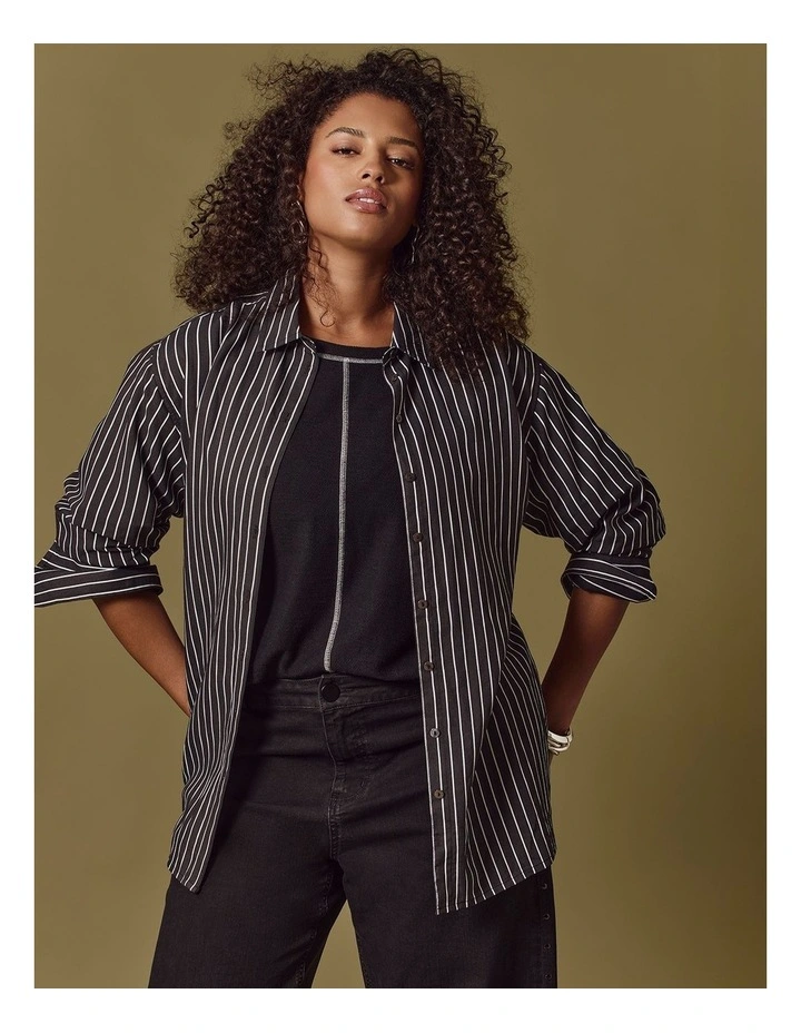 Cotton Blend Modern Stripe Shirt Black/off White image 6