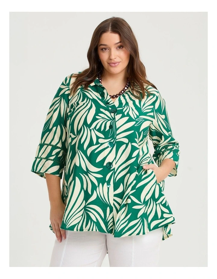 Abstract Print Natural Shirt Green Leaf Print image 1
