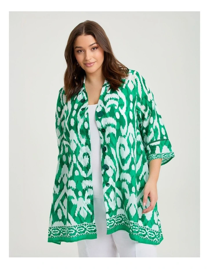 Ikat Border Natural Shirt Green White Print image 1