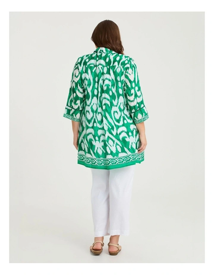 Ikat Border Natural Shirt Green White Print image 2