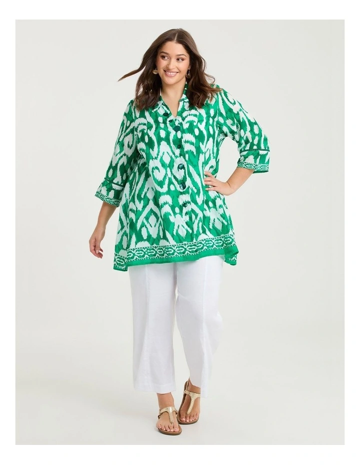 Ikat Border Natural Shirt Green White Print image 3