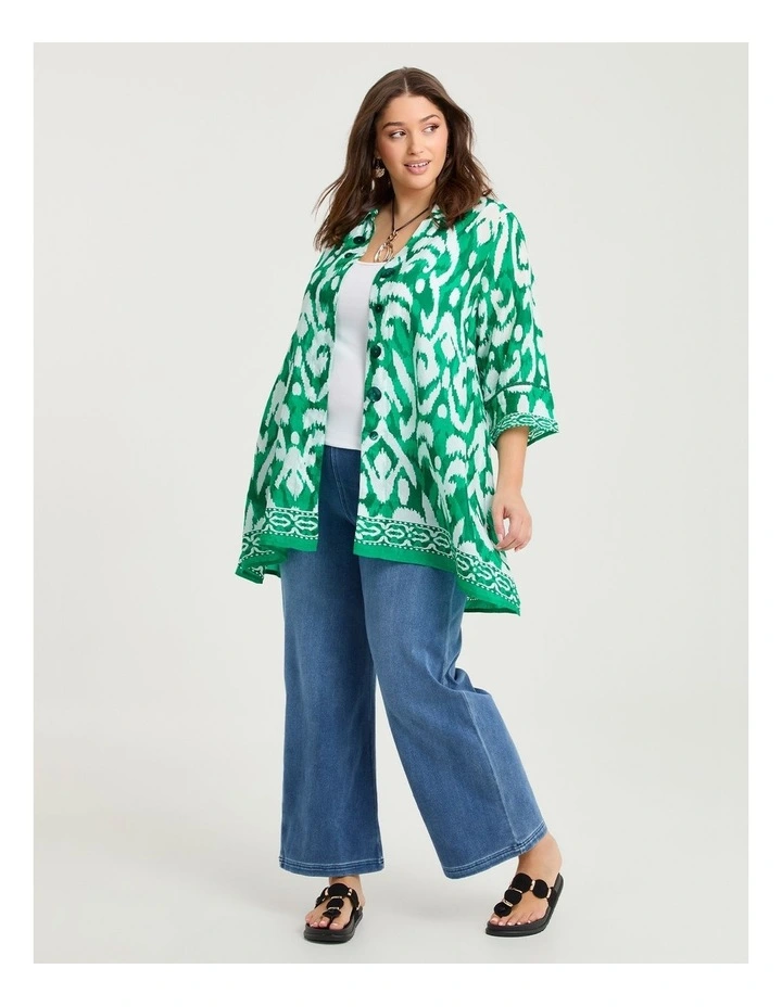 Ikat Border Natural Shirt Green White Print image 4