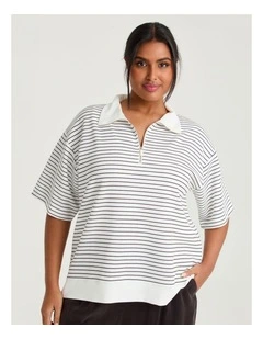 Luxe Touch Stripe 1/4 Zip Top White/chocolate