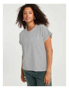 Ponte Crew Neck Stripe Top Off White/black