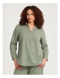 Cotton Linen Collared Top in Light Khaki