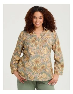 Cotton Linen Collared Top Print