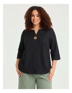 Cotton Linen Button Detail Top in Black