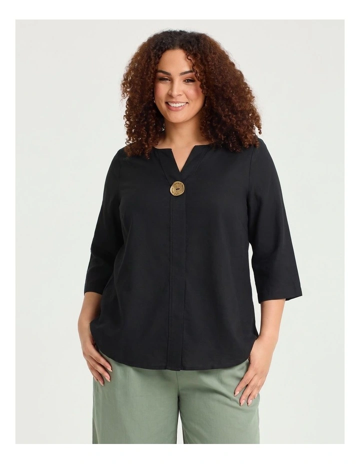 Cotton Linen Button Detail Top in Black image 1