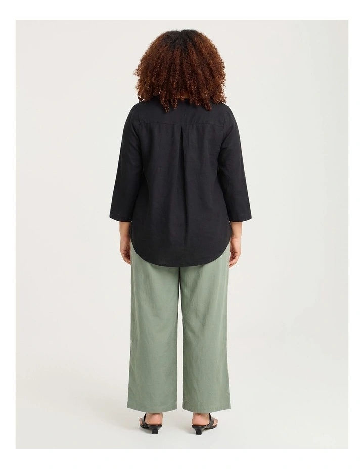 Cotton Linen Button Detail Top in Black image 2
