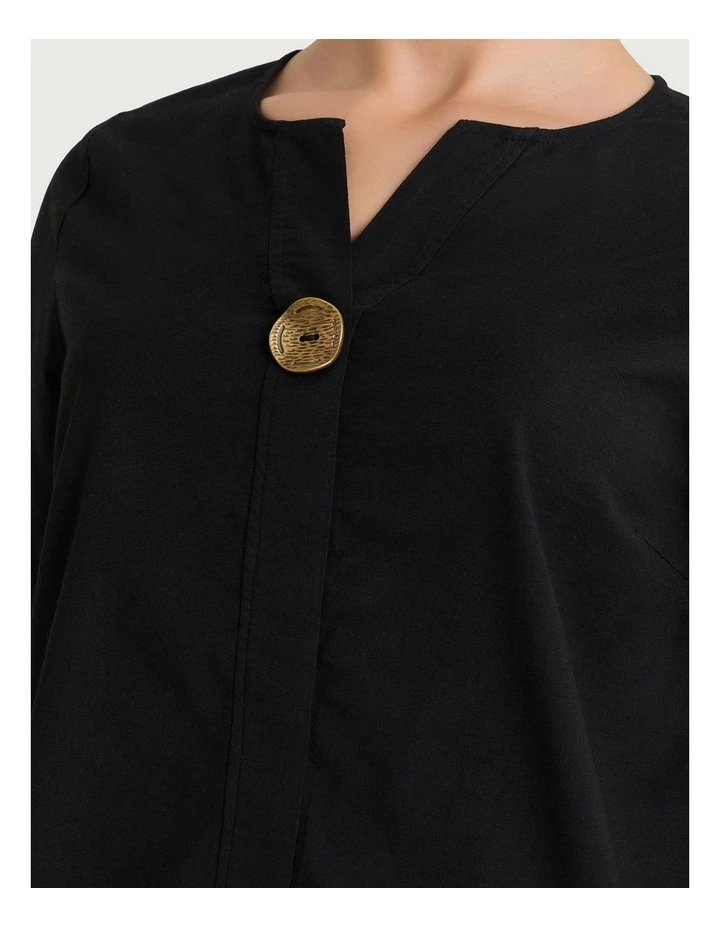 Cotton Linen Button Detail Top in Black image 3