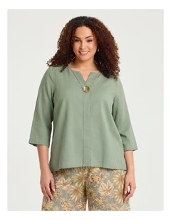 Cotton Linen Button Detail Top in Light Khaki