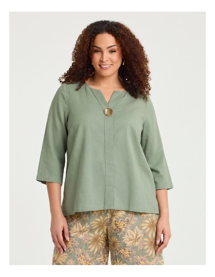 Cotton Linen Button Detail Top in Light Khaki image 1
