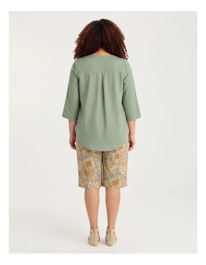 Cotton Linen Button Detail Top in Light Khaki image 2