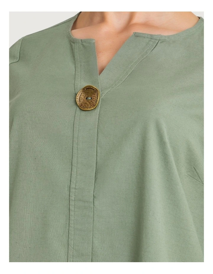 Cotton Linen Button Detail Top in Light Khaki image 3