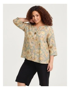 Cotton Linen Button Detail Top Print
