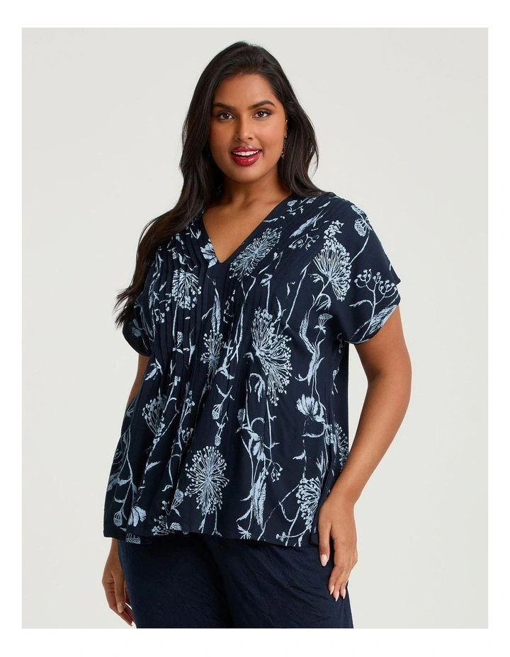 Floral Pintuck Natural Top Dark Indigo Print image 1