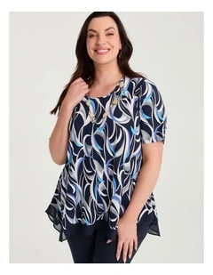 Chiffon Hem Trim Luna Top Blue Indigo Print