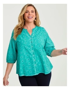 Cotton Floral Broderie Top Pacific Blue