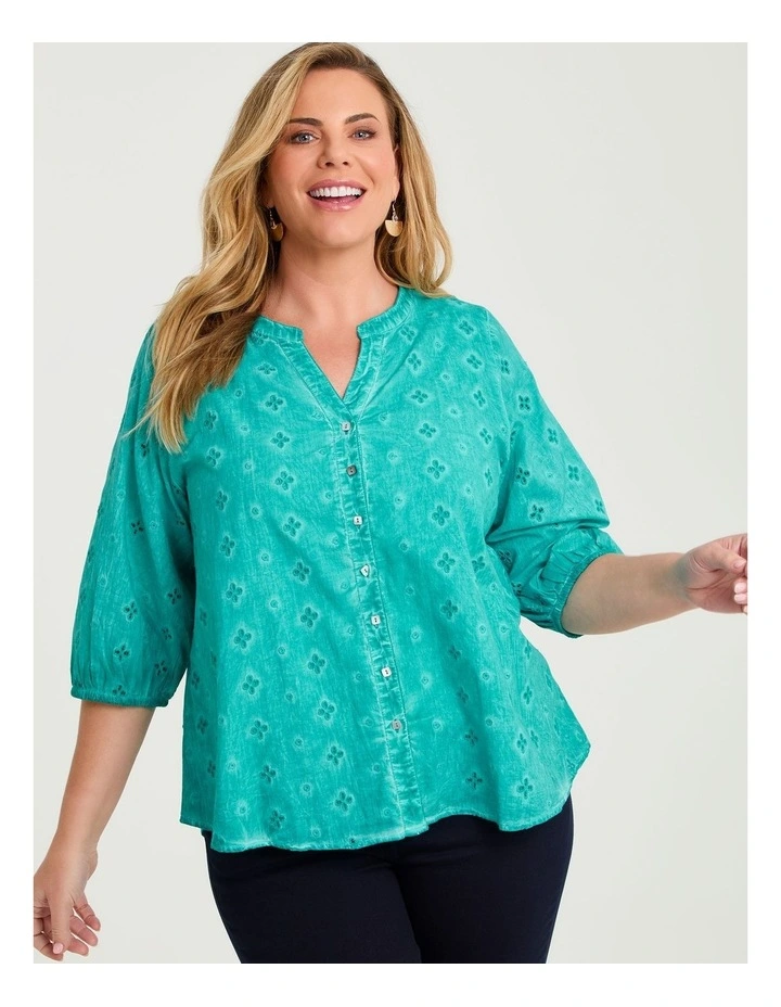 Cotton Floral Broderie Top Pacific Blue image 1