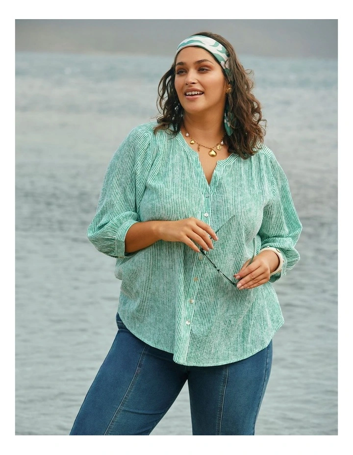 Cotton Stripe Button Top Gumdrop Green image 5