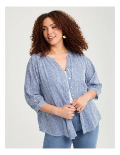 Cotton Stripe Button Top Ink Blue