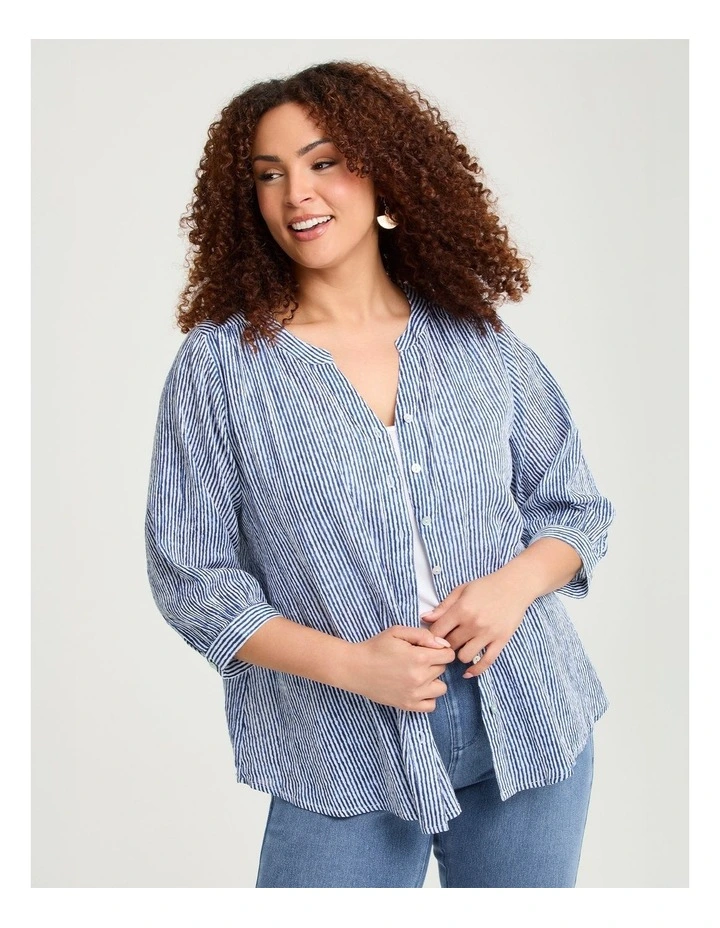 Cotton Stripe Button Top Ink Blue image 1
