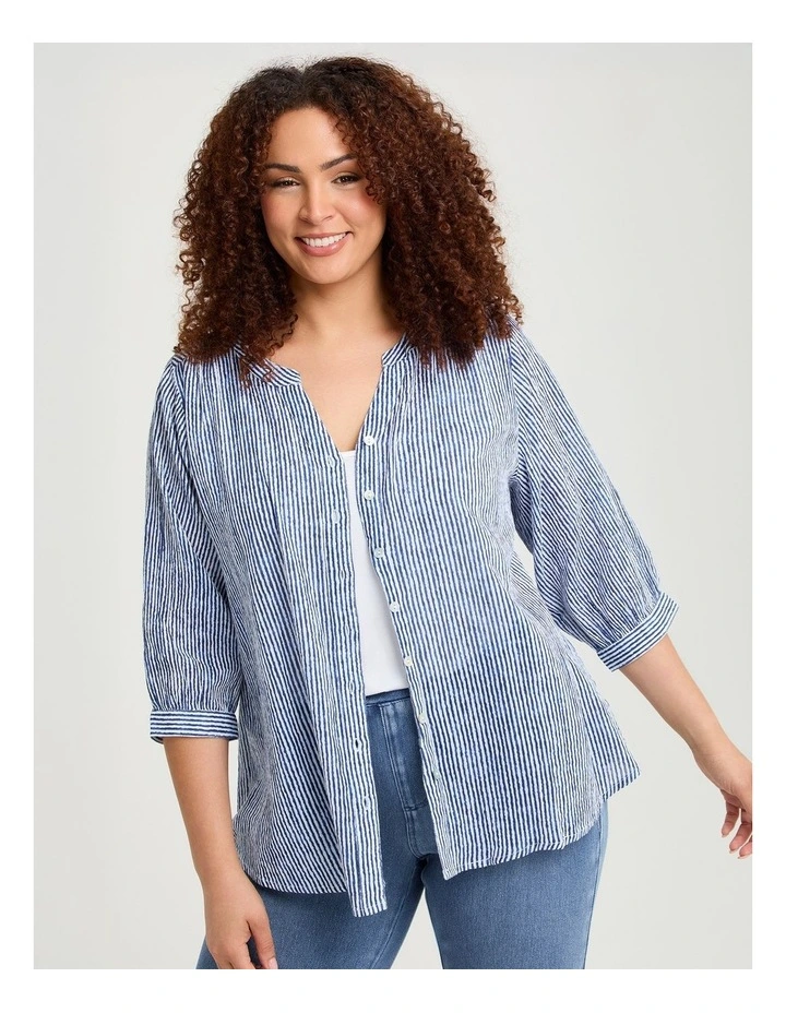Cotton Stripe Button Top Ink Blue image 3