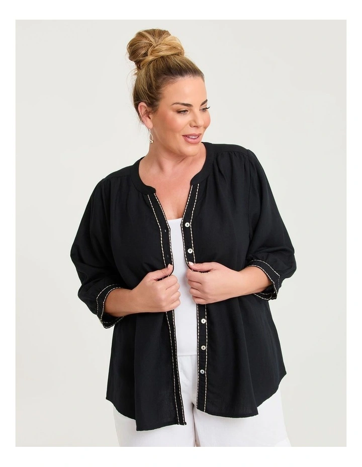 Linen Blend Contrast Stitch Top Black image 1