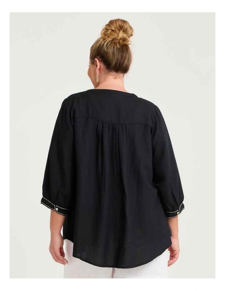 Linen Blend Contrast Stitch Top Black image 2