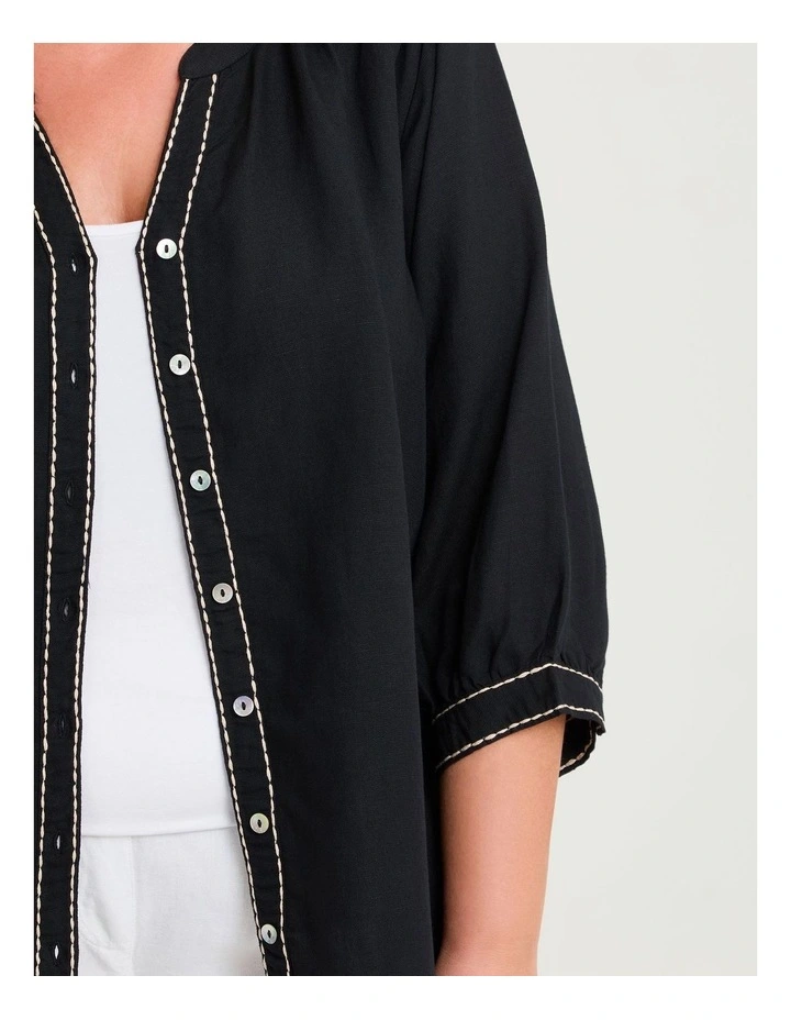 Linen Blend Contrast Stitch Top Black image 3