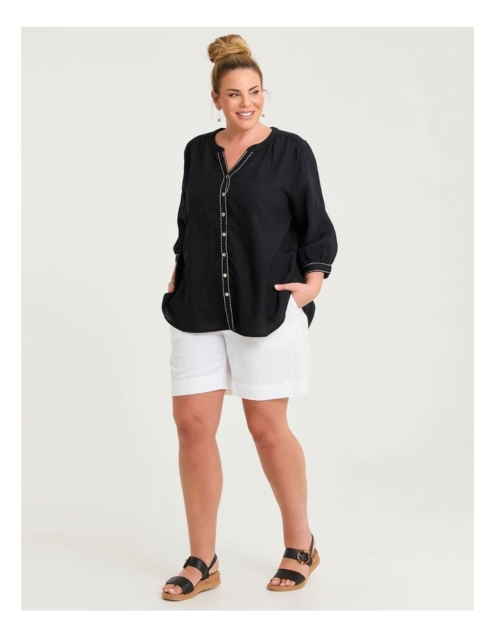 Linen Blend Contrast Stitch Top Black image 4