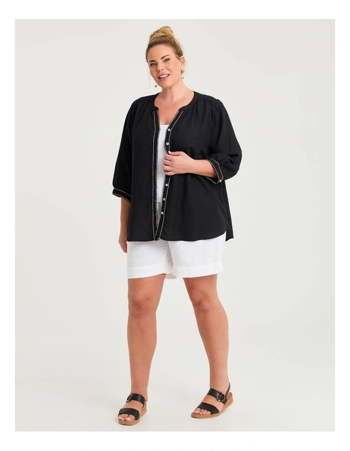 Linen Blend Contrast Stitch Top Black image 5