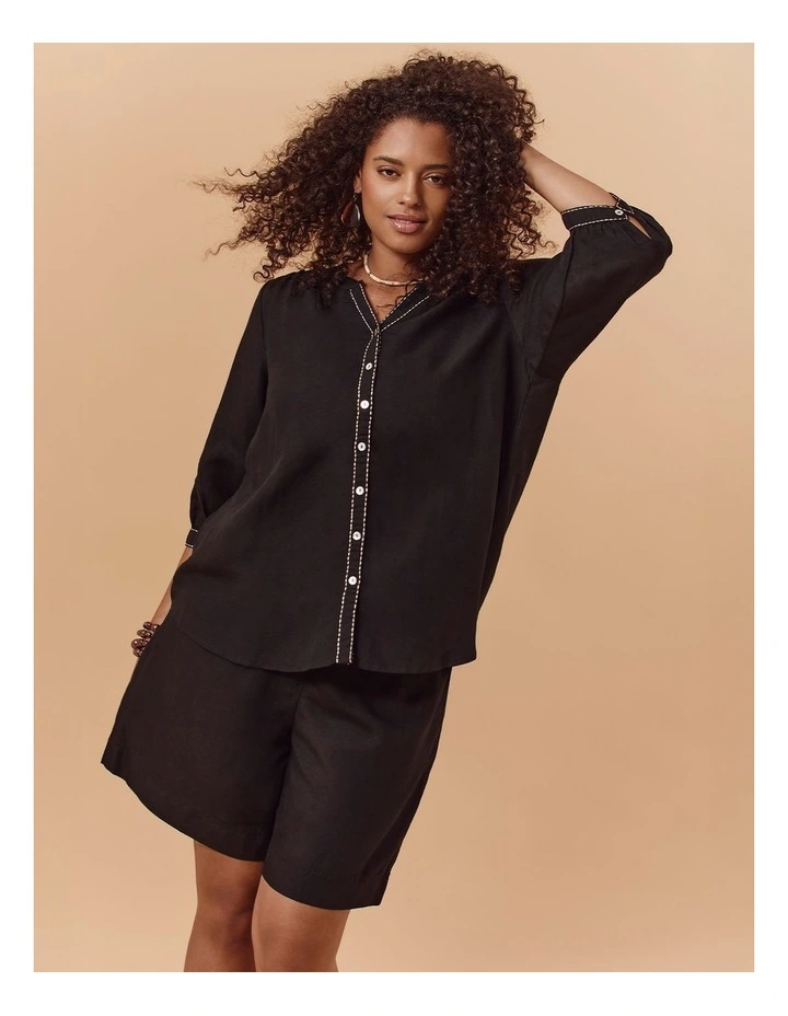 Linen Blend Contrast Stitch Top Black image 6