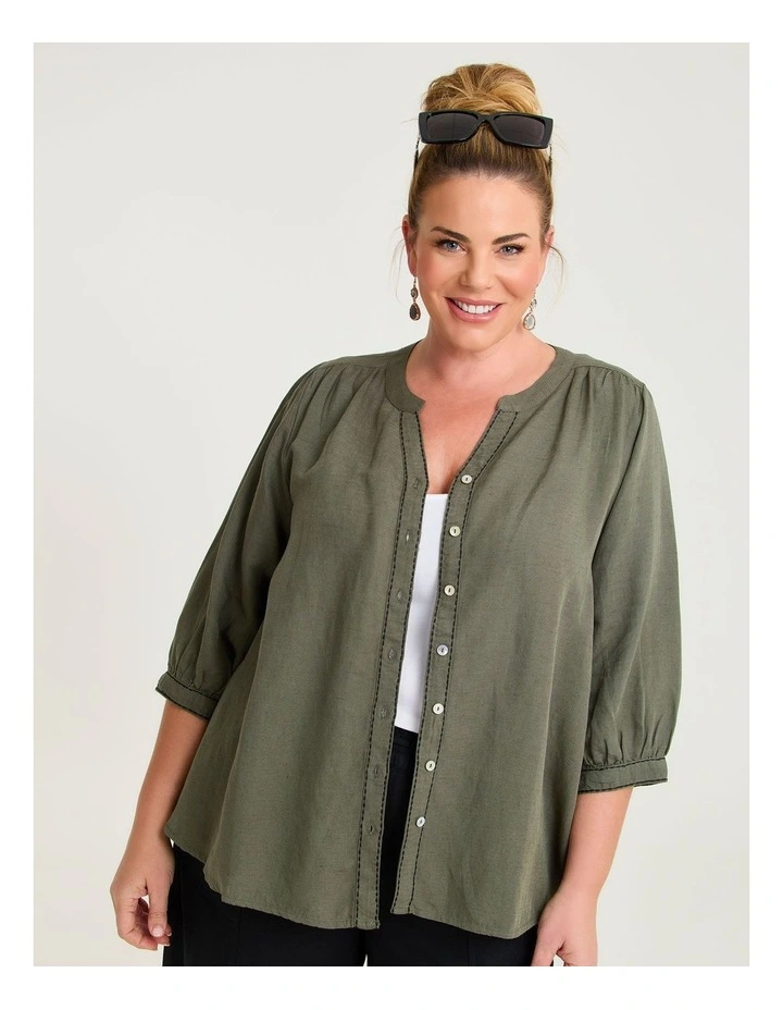 Linen Blend Contrast Stitch Top Cypress image 1
