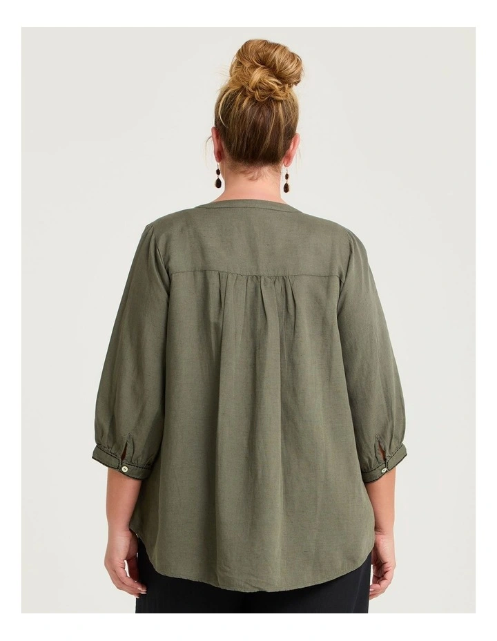 Linen Blend Contrast Stitch Top Cypress image 2