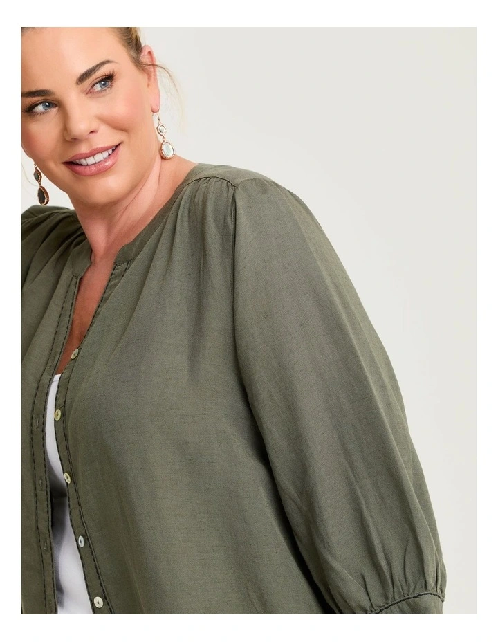 Linen Blend Contrast Stitch Top Cypress image 3