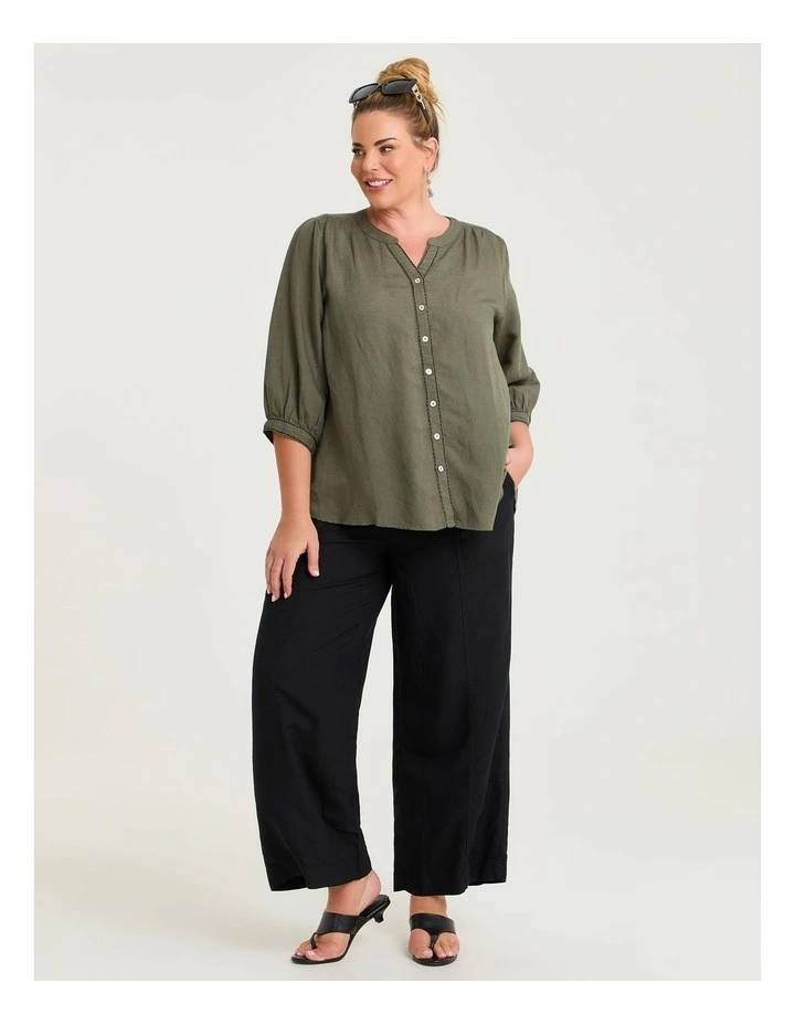 Linen Blend Contrast Stitch Top Cypress image 4