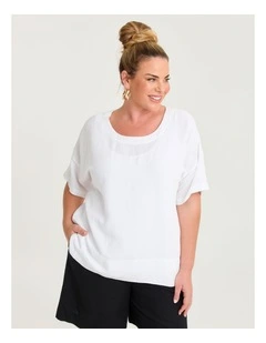 Linen Blend Curved Hem Top White