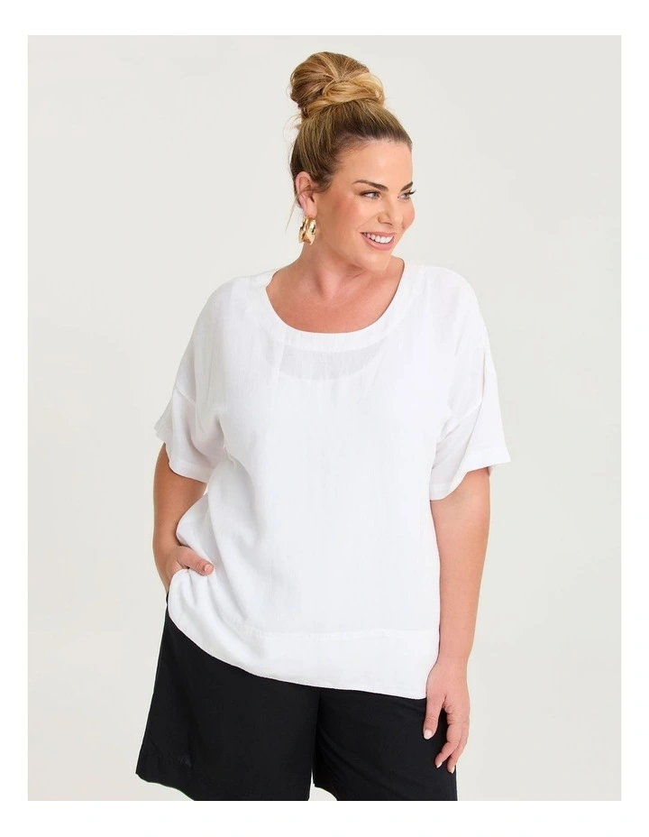 Linen Blend Curved Hem Top White image 1