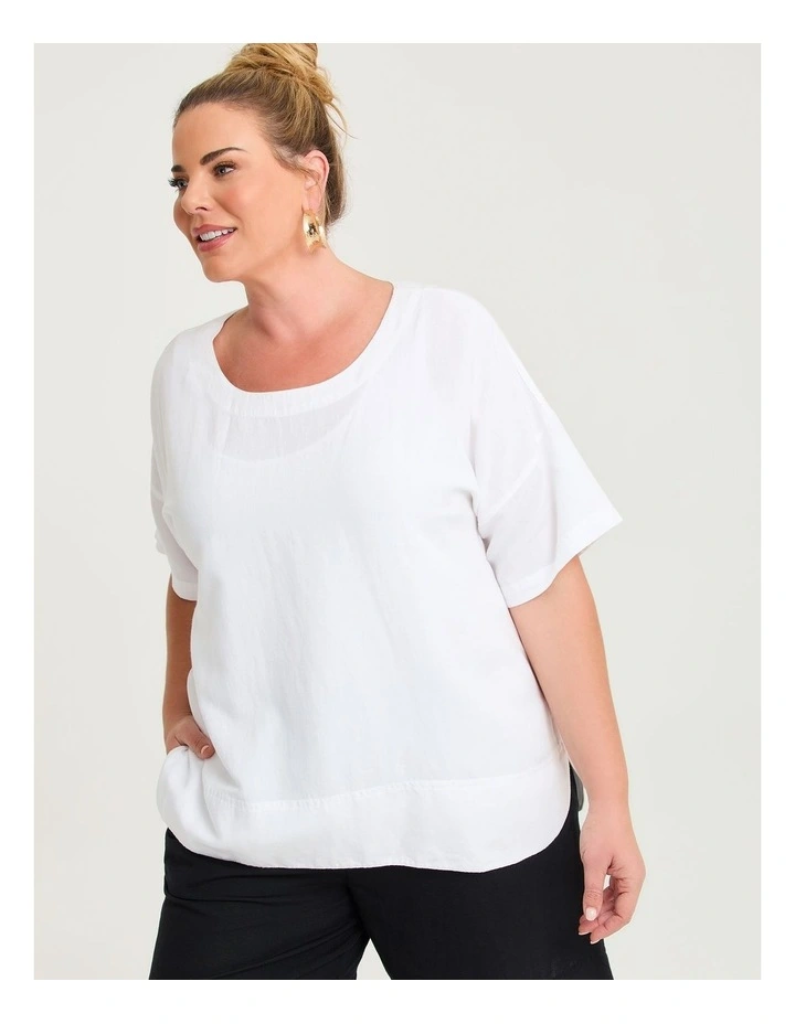 Linen Blend Curved Hem Top White image 3
