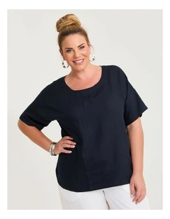 Linen Blend Curved Hem Top Navy