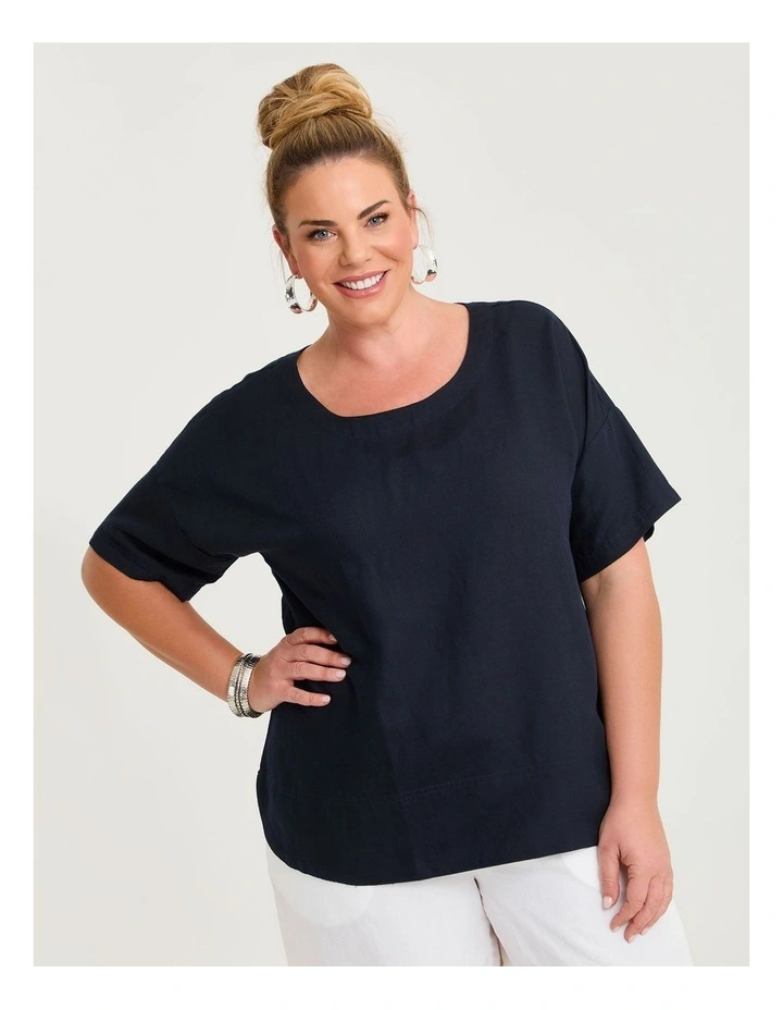 Linen Blend Curved Hem Top Navy image 1