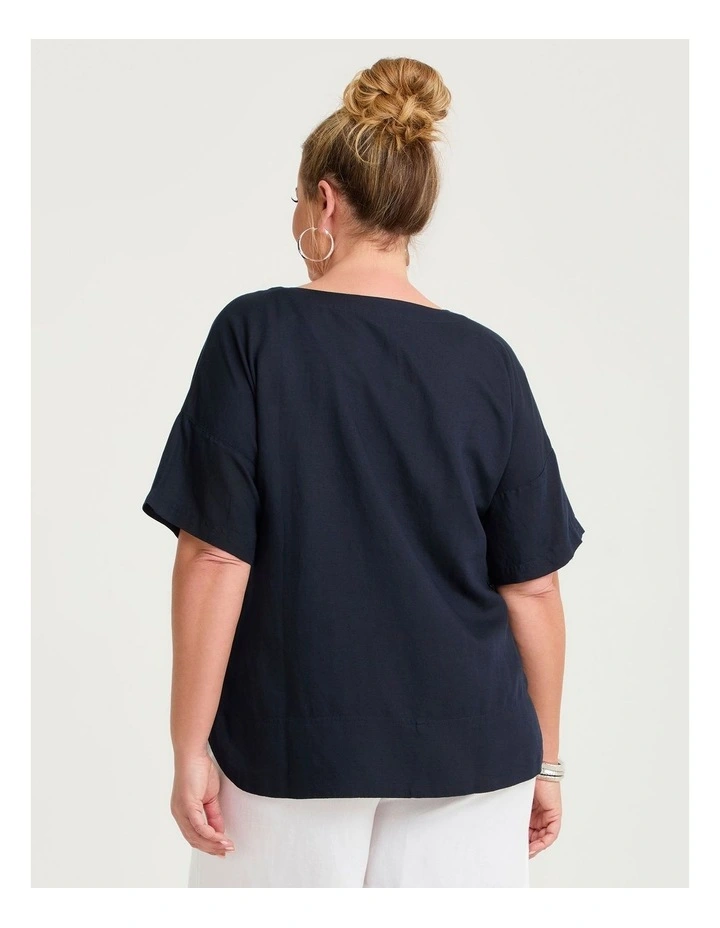 Linen Blend Curved Hem Top Navy image 2