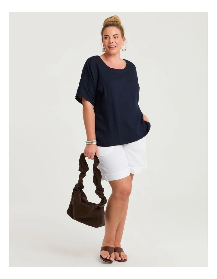 Linen Blend Curved Hem Top Navy image 3