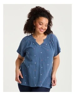 Cotton Embroidery Shirred Neck Top Horizon Blue