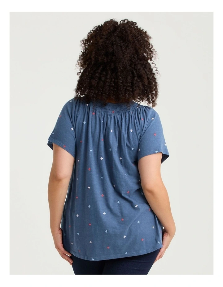 Cotton Embroidery Shirred Neck Top Horizon Blue image 2